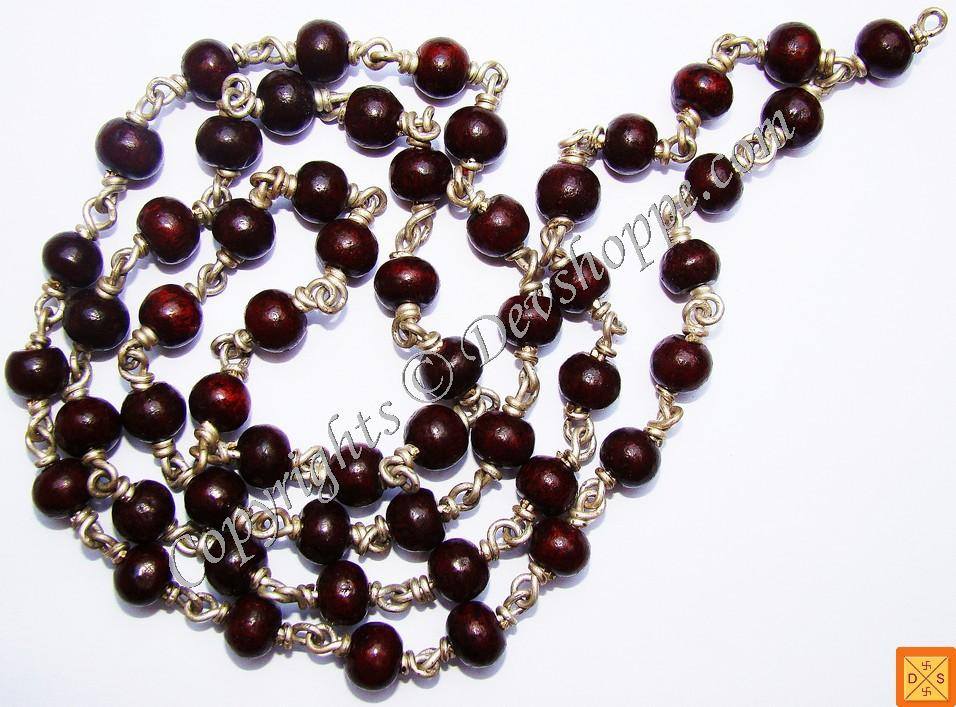 Red sandalwood (Lal chandan) mala with white metal links, 54+1 beads