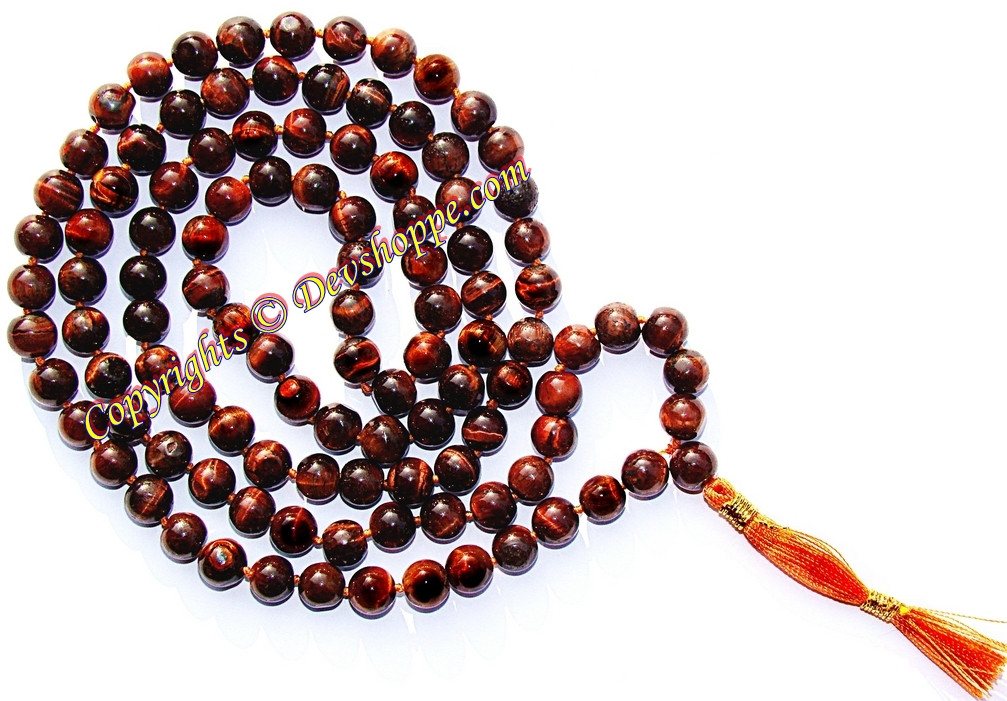 Red tiger eye mala with money charm, round beads and red tassel