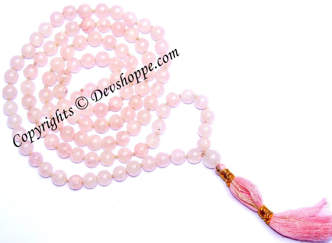 Rose quartz mala with pink round beads and pink tassel