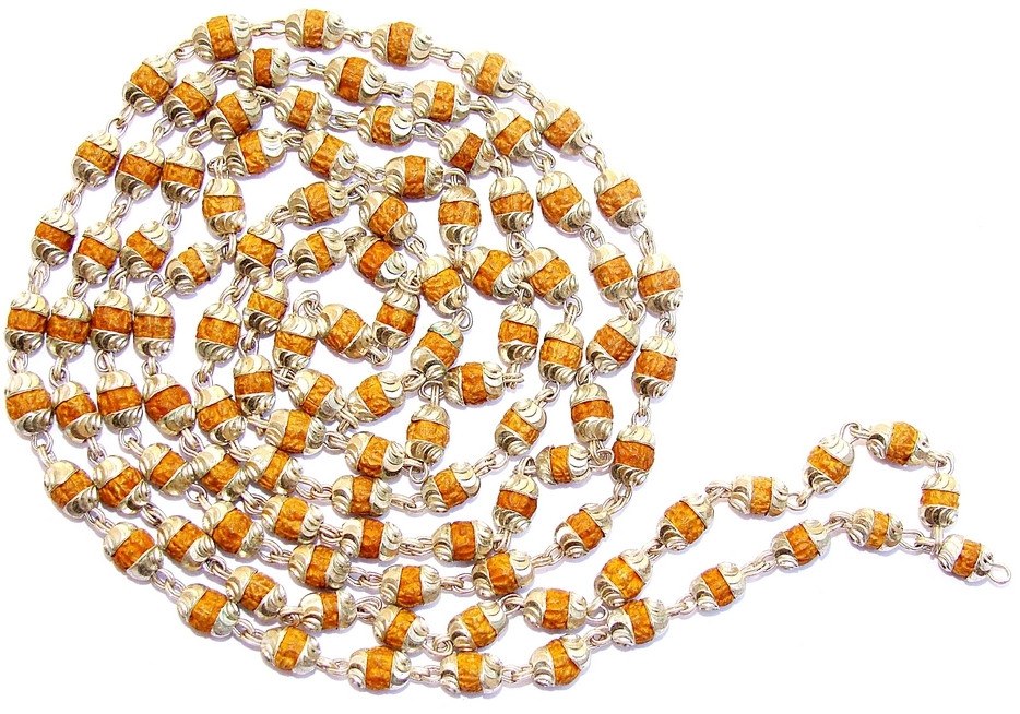 Rudrani mala in silver with amber-gold and silver bead strands