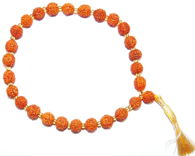 Orange 9mm Rudraksha bead wrist mala with 27+1 beads and gold tassel