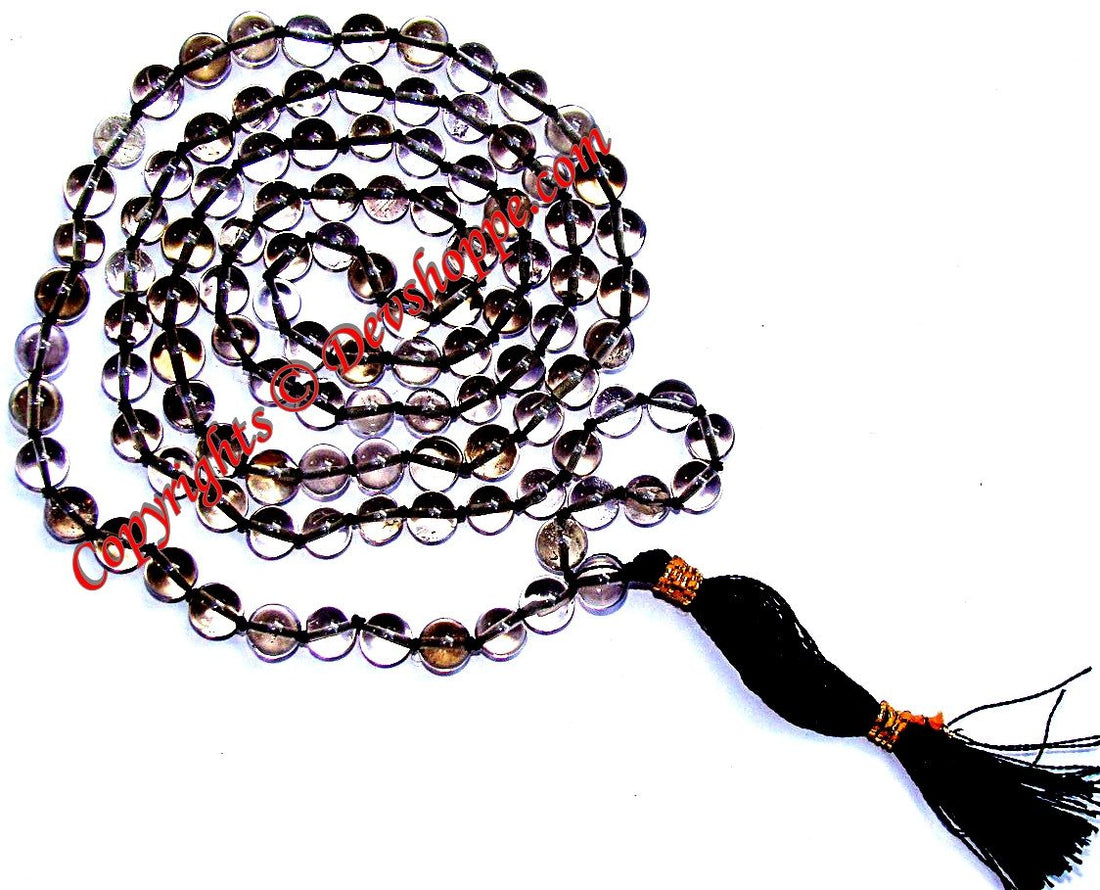 Smoky quartz mala with dark purple-brown round stone beads and black tassel