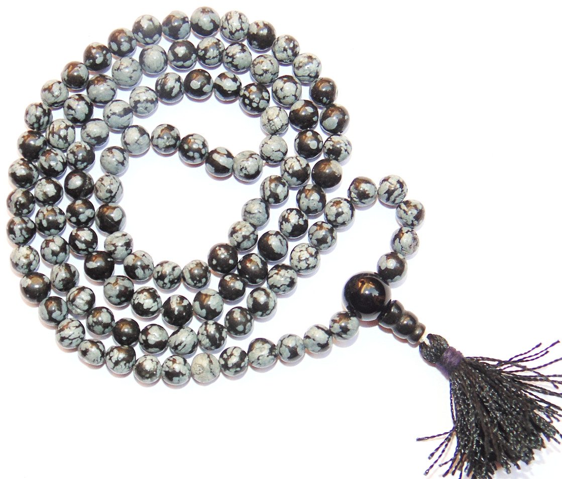 Snowflake obsidian mala necklace with speckled black-gray beads and dark tassel