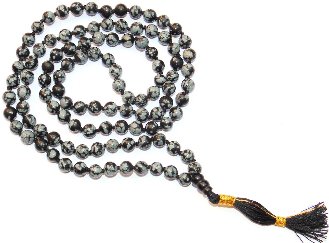 Snowflake obsidian mala bead bracelet with dark tassel and gold accent cord