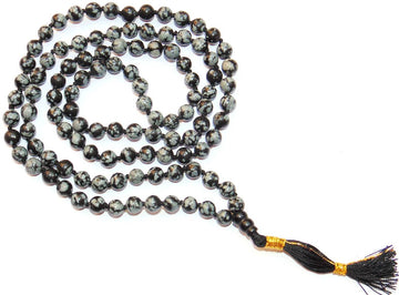 Snowflake obsidian mala bead bracelet with dark tassel and gold accent cord