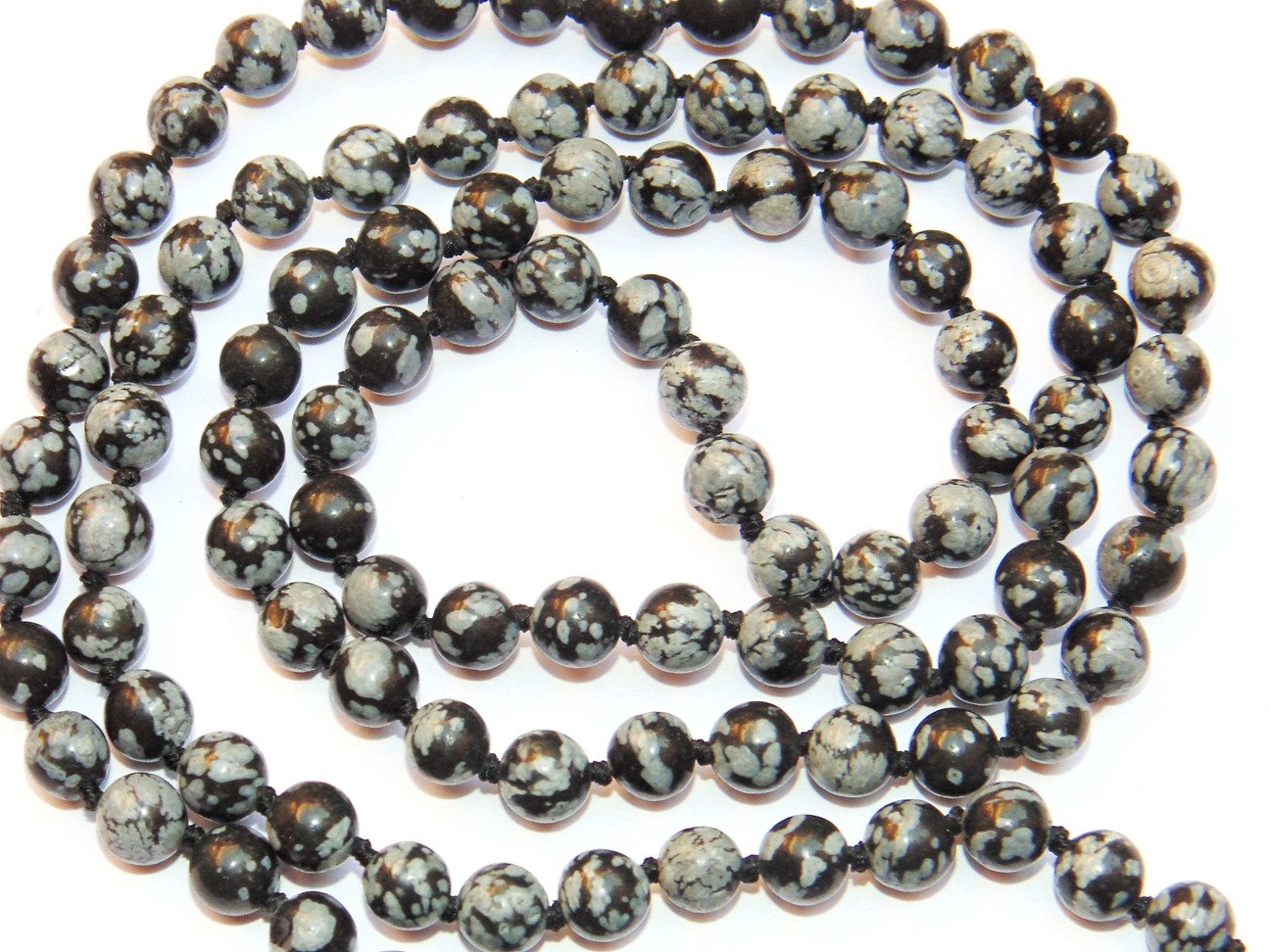 Snowflake obsidian mala beads, round black-gray with white snowflake-like speckles