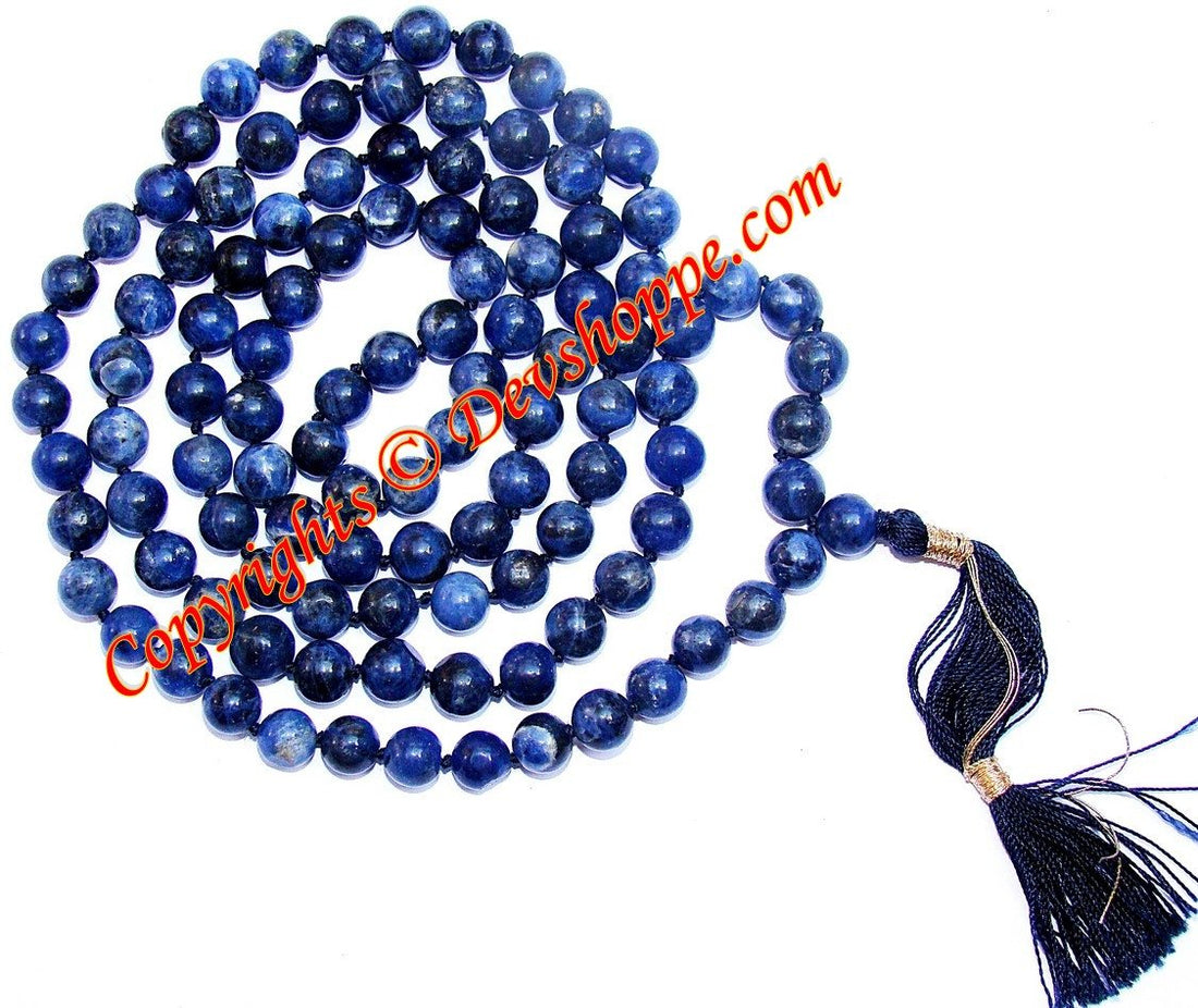 Blue sodalite bead mala with braided cord and navy tassel
