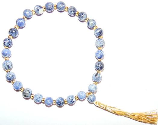 Sodalite wrist mala bracelet with 27+1 blue beads and gold tassel