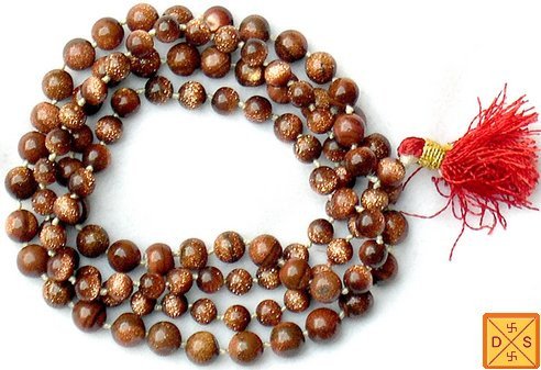 Sunstone mala bead necklace with round brown-gold natural stone beads and red tassel