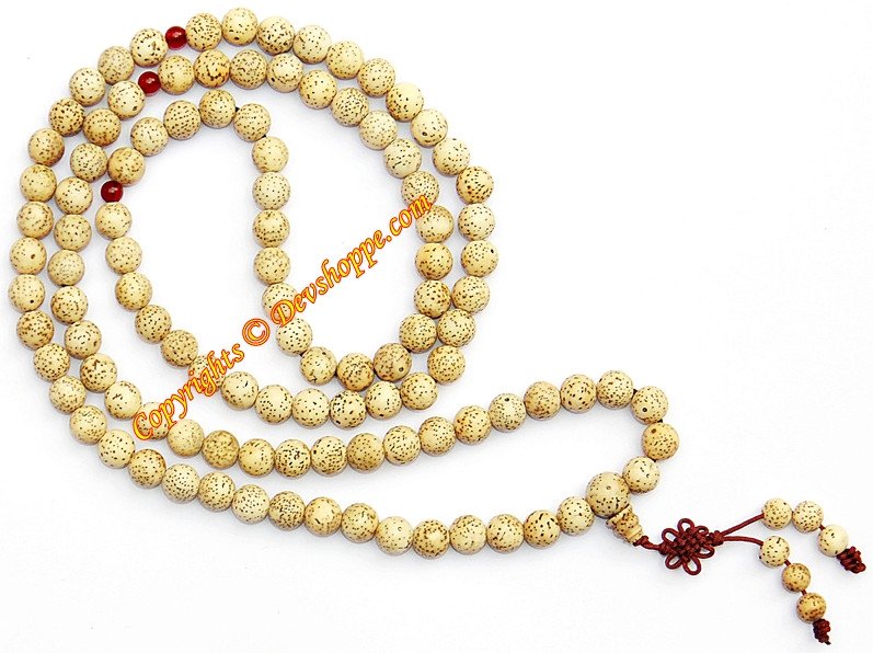 Bodhi seed mala prayer beads necklace, light tan speckled beads with red tassel