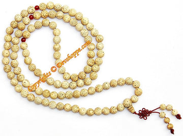 Bodhi seed mala prayer beads necklace, light tan speckled beads with red tassel