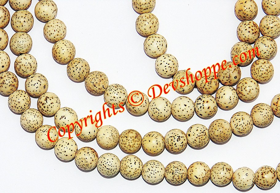 Close-up of light tan speckled bodhi seed prayer beads on mala necklace