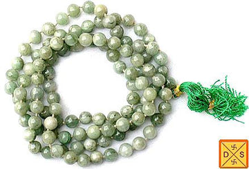 Green jade bead mala necklace with knotted tassel, round beads
