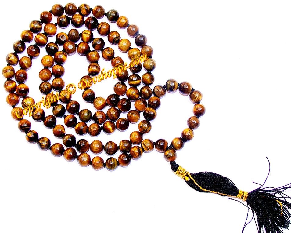 Tiger eye mala with round golden-brown beads and black tassel
