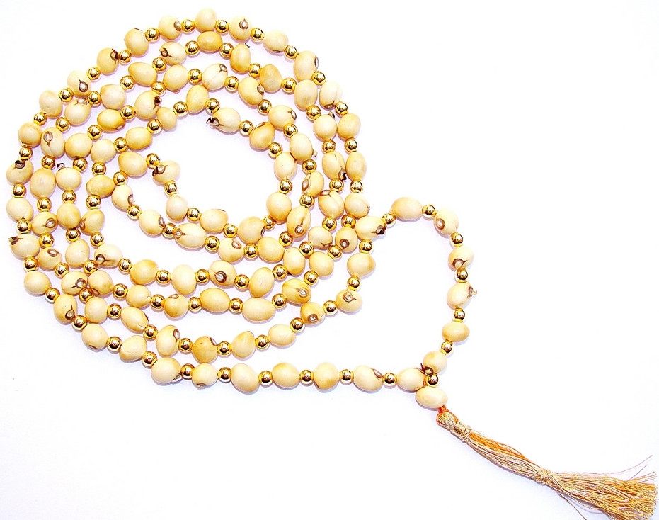 Kanti mala con cuentas doradas y borla, ideal para japa y sadhana