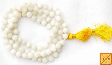 White hakik (agate) mala with round stone bead strand and yellow tassel