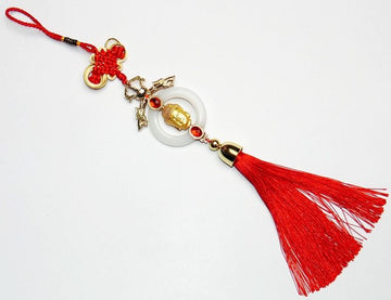 Buddha face hanging charm with gold beads and red tassel, for car or wall door