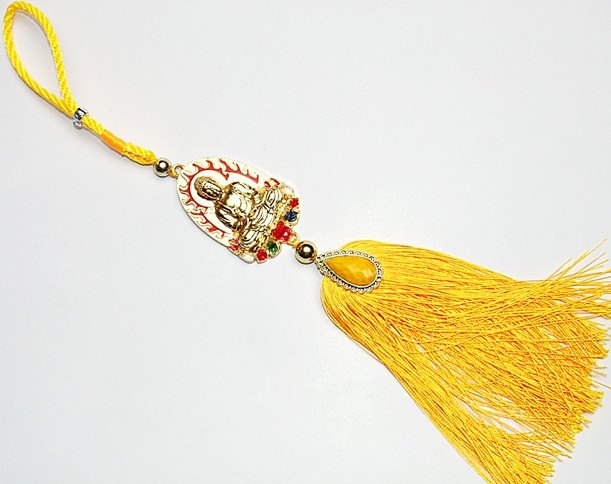 Meditating Buddha car/wall hanging with yellow tassel and teardrop gem detail