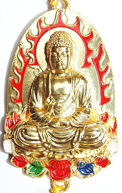 Gold Buddha pendant with red flame pattern and colorful jeweled base, hanging loop