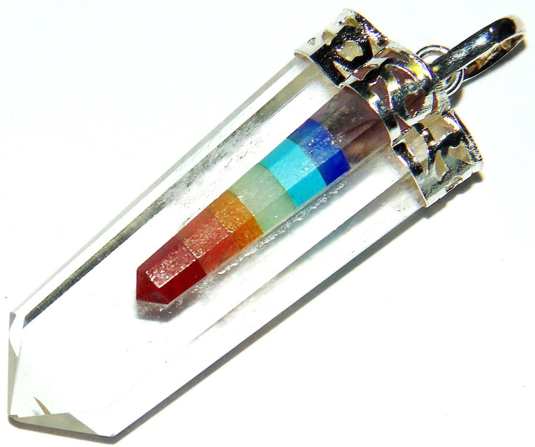 Crystal pointed chakra pendant with rainbow striped crystal and metal bail