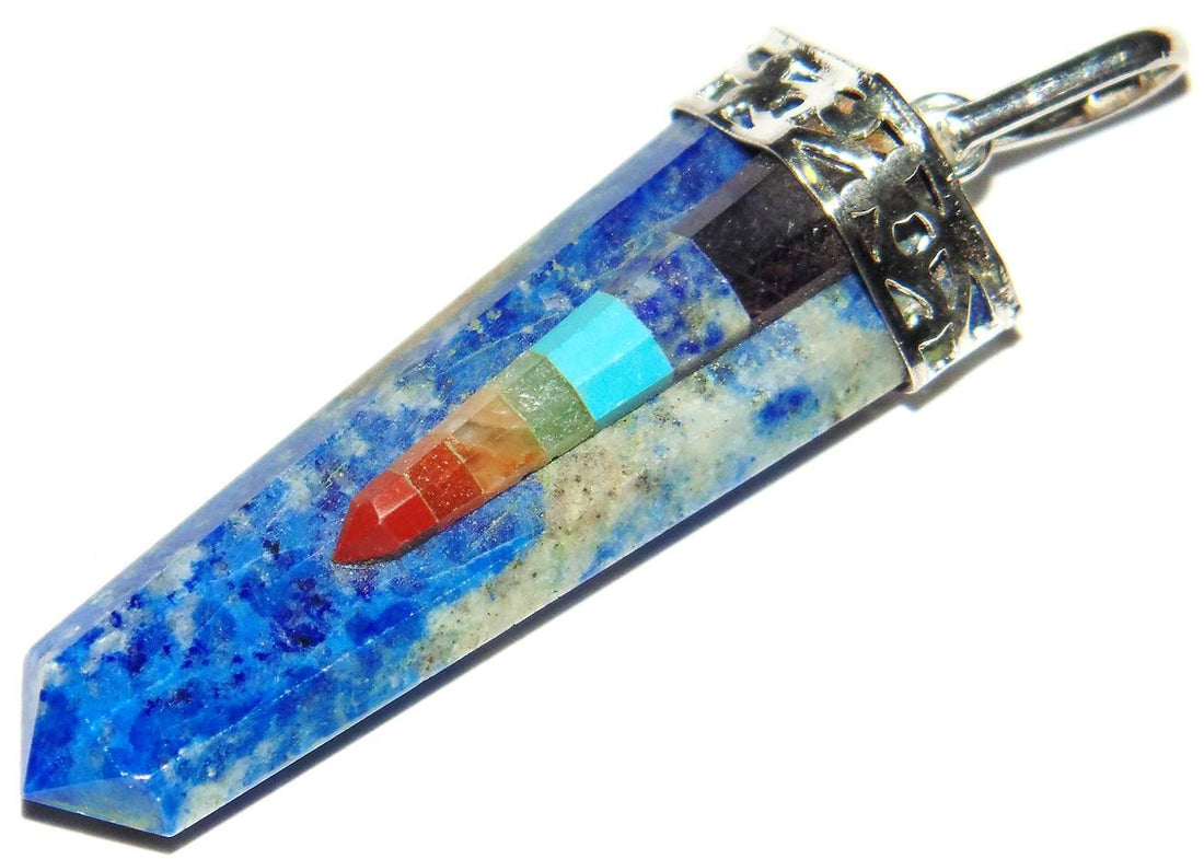 Lapis lazuli pendant with multi-color chakra stone insets and silver-tone top