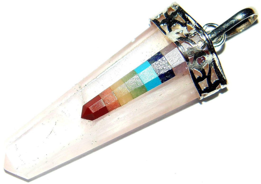 Rose Quartz Chakra pendant, pointed crystal with multicolor bands and silver bail