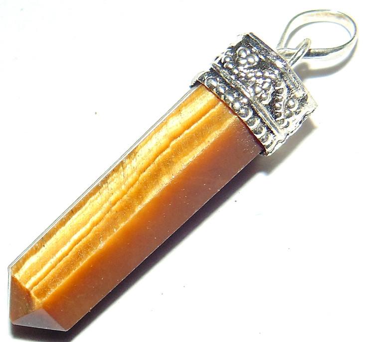 Tiger Eye pencil-shaped pendant: golden striped stone with silver-toned bail