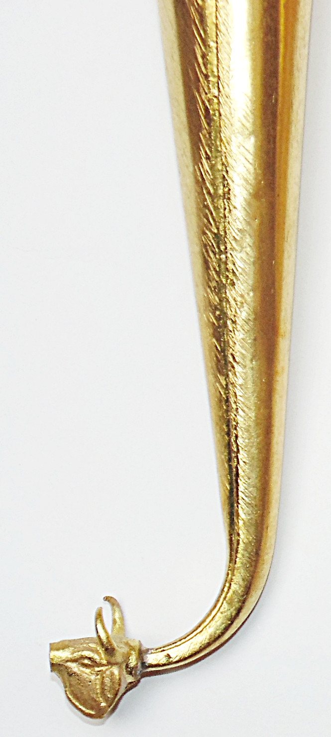 Gold-toned gaumukhi shringi ritual bath vessel, curved spout and loop handle, 12 in