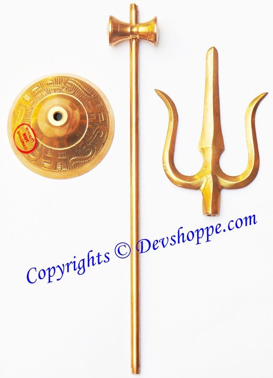 Brass folding trishul with damru accessory, 18 inches tall