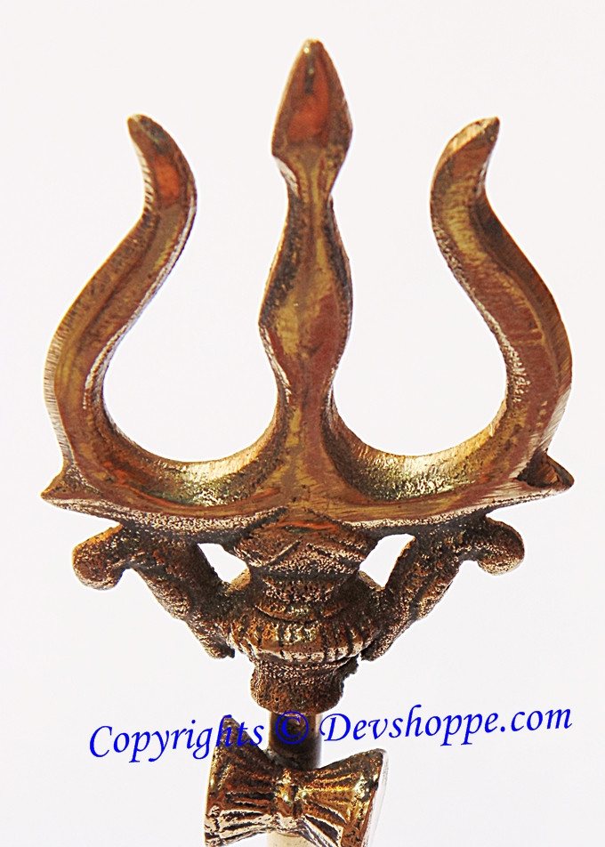 Brass trishul with damru, three-pronged trident ornament on stand base