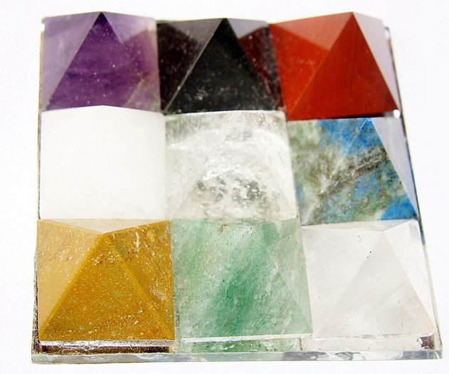 Gemstone crystals Navgrah pyramid plate with multicolored crystal facets