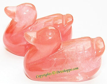 Orange quartz mandarin ducks pair, carved glossy orange-pink figures