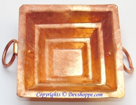 Pure copper havan kund small size, square inner bowl, side loop handles