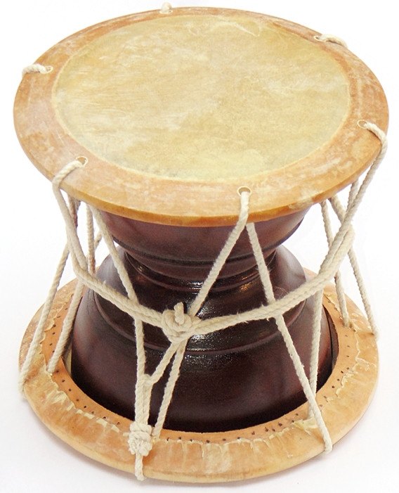 Deru hand drum with tan drumhead, dark wooden body, and white rope lacing