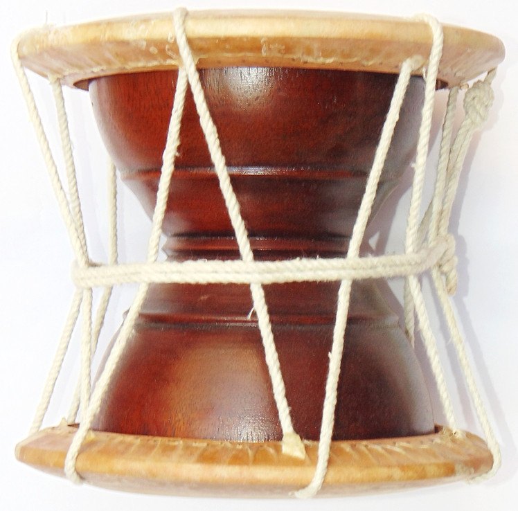 Deru hand drum shown from front, dark red-brown body with top and base frames