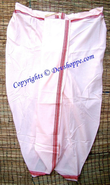 Ready-to-wear dhoti, white fabric with pink and red border along center seam