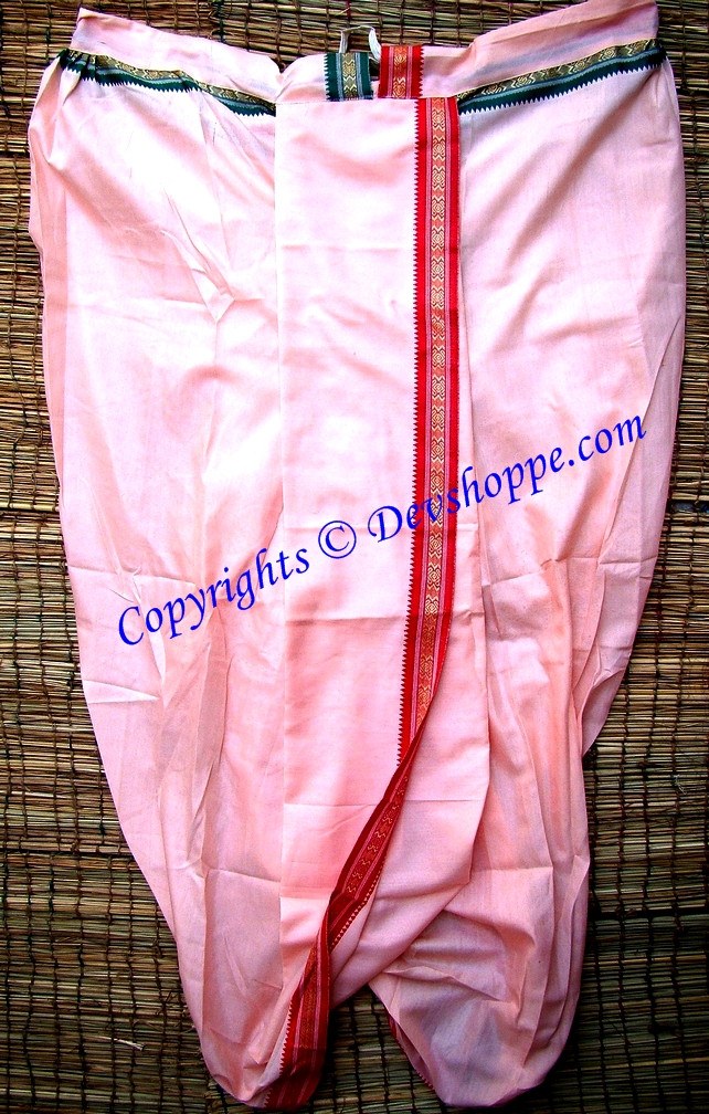 Ready-to-wear dhoti, light pink fabric with red border and center panel