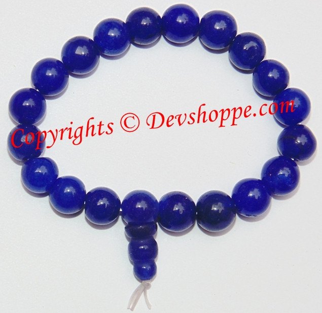 Blue agate round bead power bracelet with elastic string and small charm tag