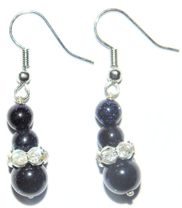 Blue sunstone drop earrings with dark blue beads and crystal-like accents, fishhook