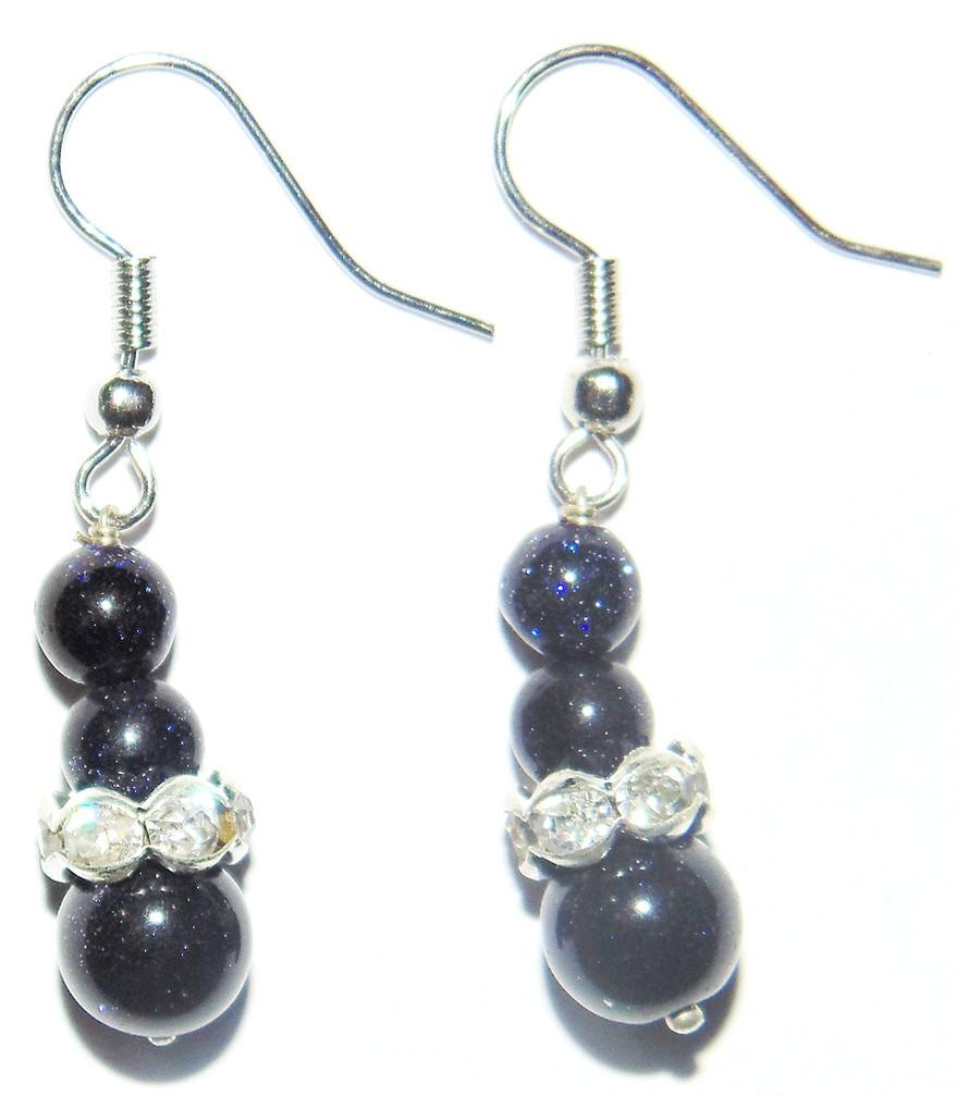 Blue sunstone drop earrings with dark blue beads and crystal-like accents, fishhook