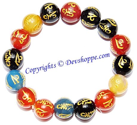 Buddhist Multi Color Agate Bracelet carved with Om (Aum) Mani Padme Hum mantras