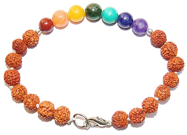 Rudraksha chakra beads bracelet: textured brown beads with yellow, green, purple stones