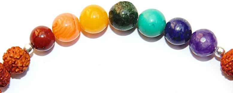 Bracelet close-up: multicolor round beads with textured brown rudraksha accents