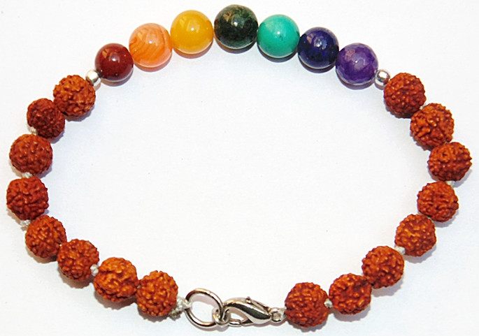 Rudraksha chakra beads bracelet, round blue-purple and green stones with brown clasp beads