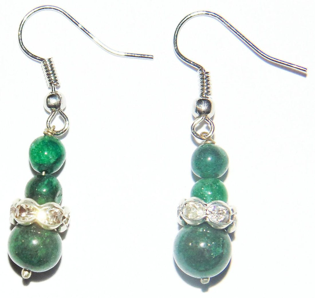 Green jade beaded drop earrings with silver hooks and clear crystal accents