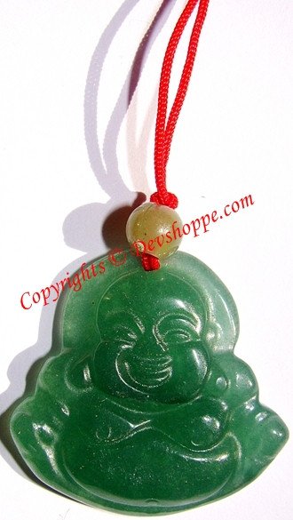Green jade laughing Buddha amulet pendant with red cord and loop, carved face and belly.