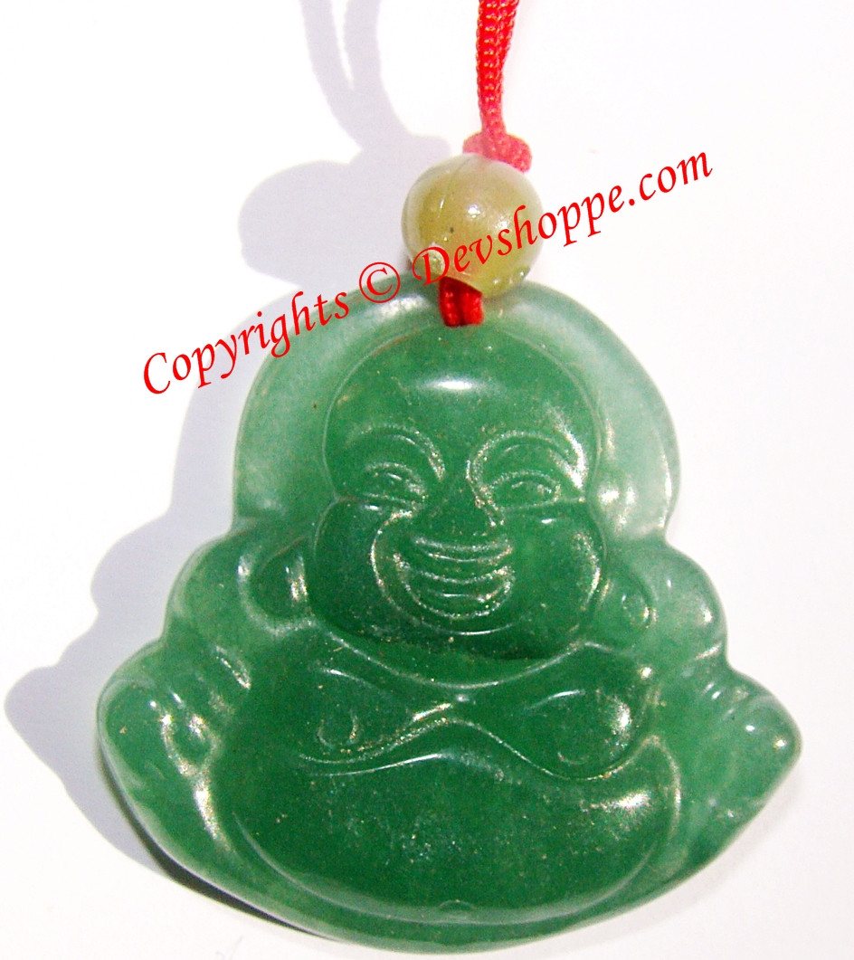 Green jade laughing Buddha amulet pendant with red cord and loop, carved face and belly.