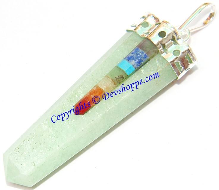 Green jade pencil pendant with 7 chakra stones and silver tone bail loop