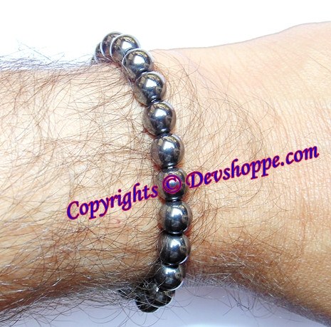 Hematite stone bracelet with round dark beads, elastic stretch cord