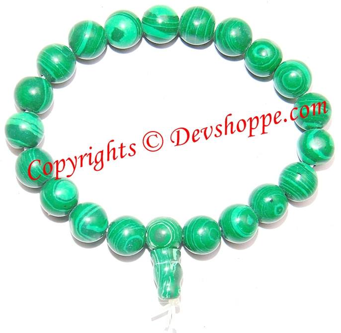 Malachite power bracelet with round green striped beads and small cross charm